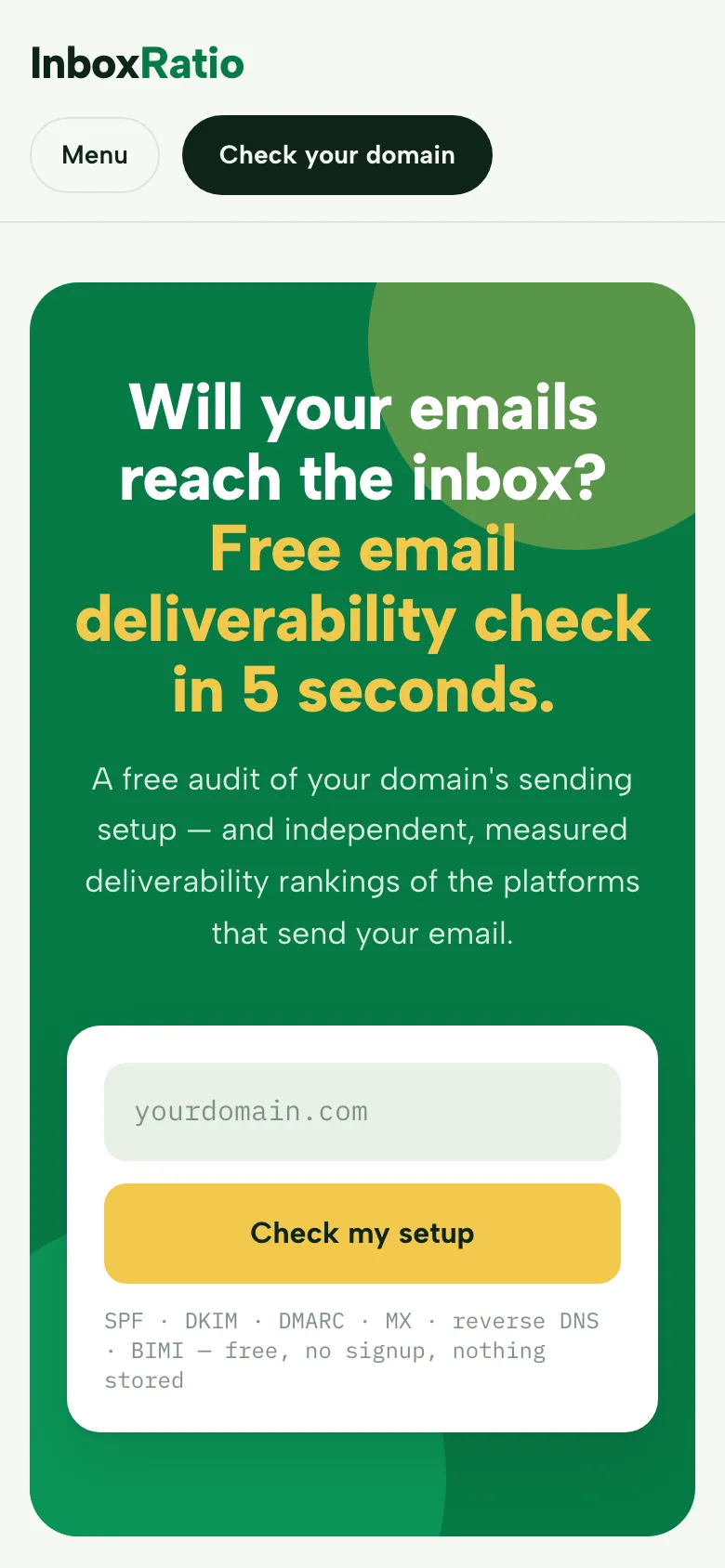 InboxRatio home page on a phone, with the headline, a domain field and a Check my setup button