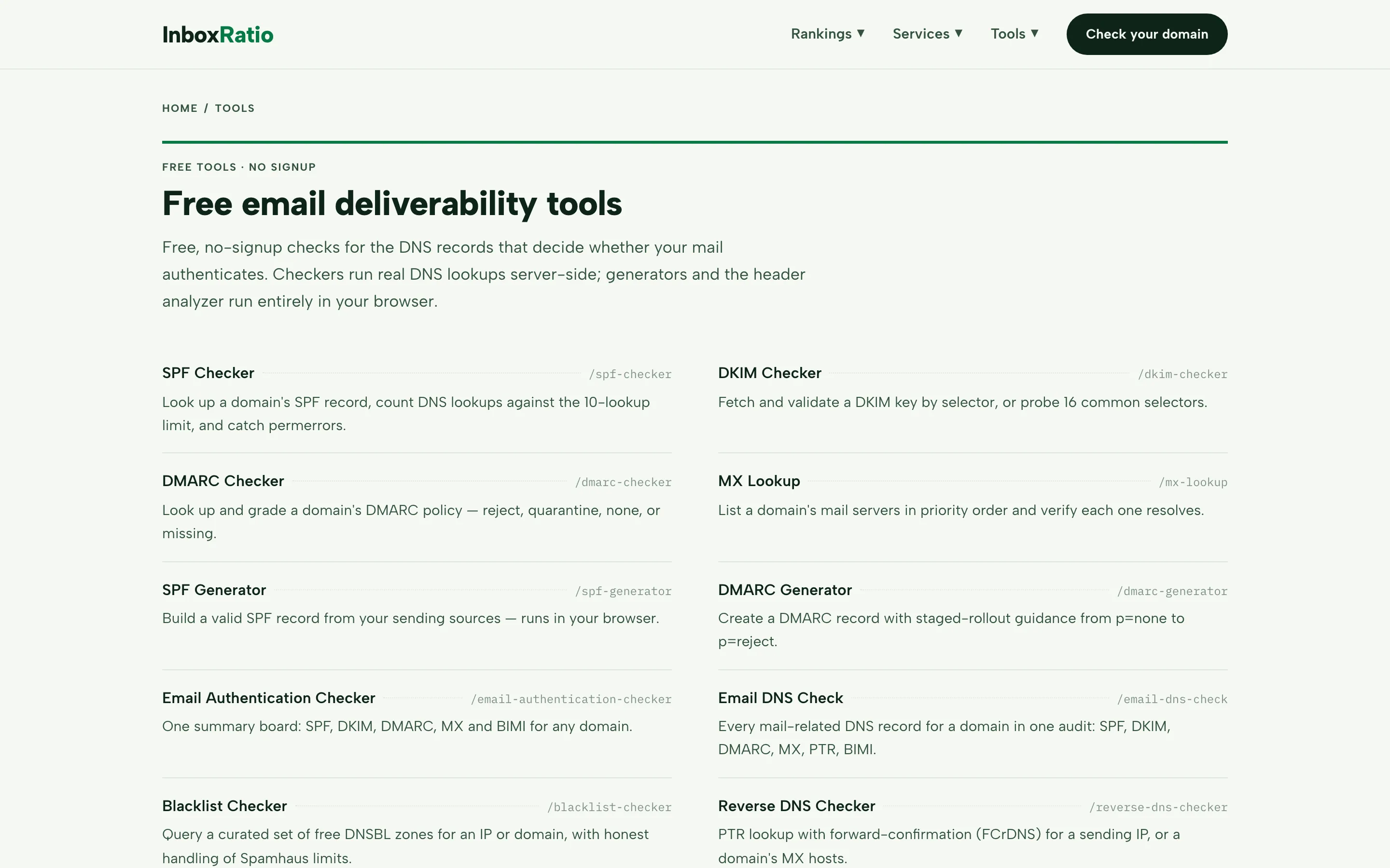 InboxRatio tools index listing SPF and DKIM checkers, DMARC checker, MX lookup, SPF and DMARC generators, authentication and DNS checks, blacklist and reverse DNS checkers
