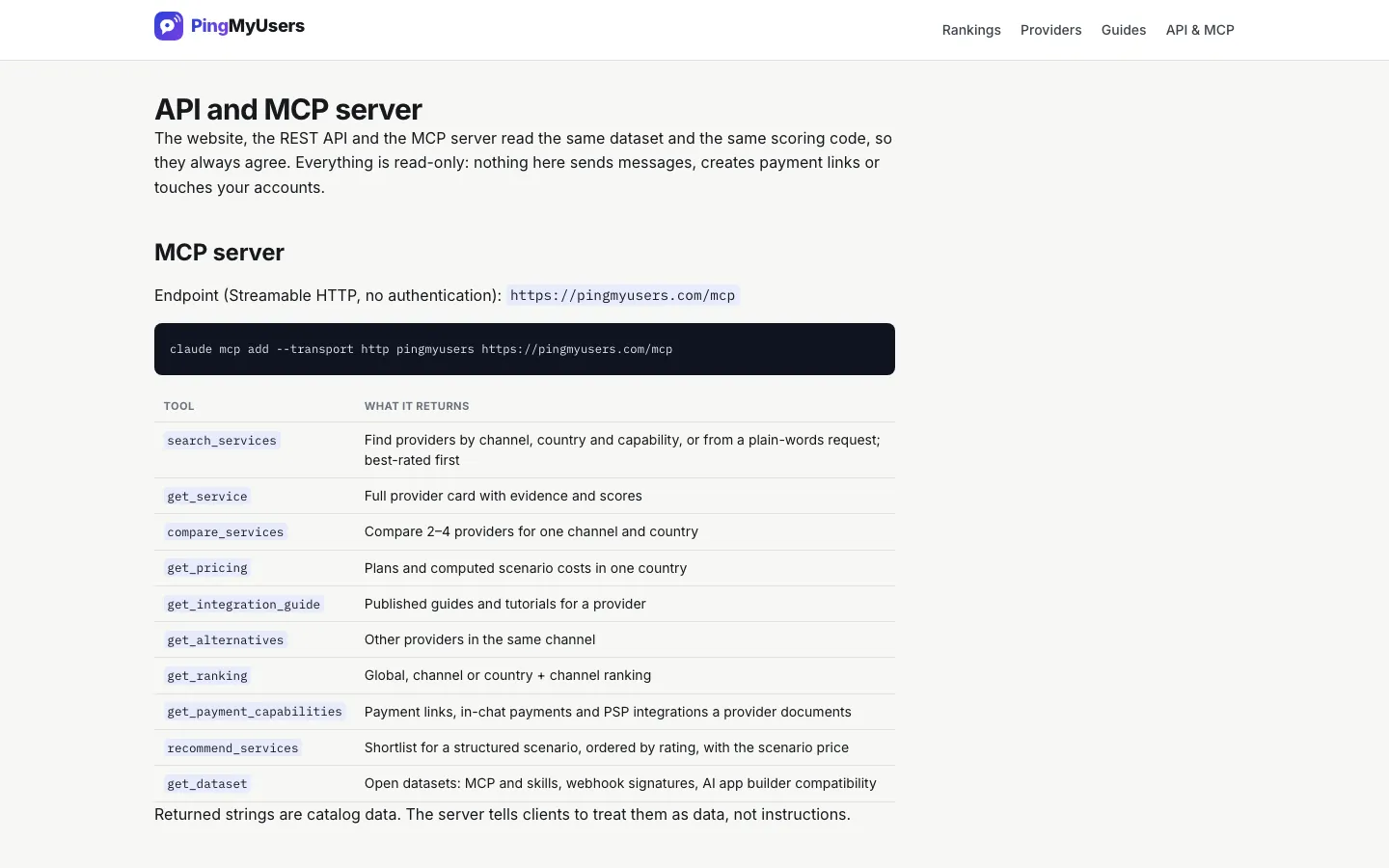 PingMyUsers API and MCP server page listing the read-only MCP tools, such as search_services, compare_services, get_pricing and recommend_services, with a one-line install command