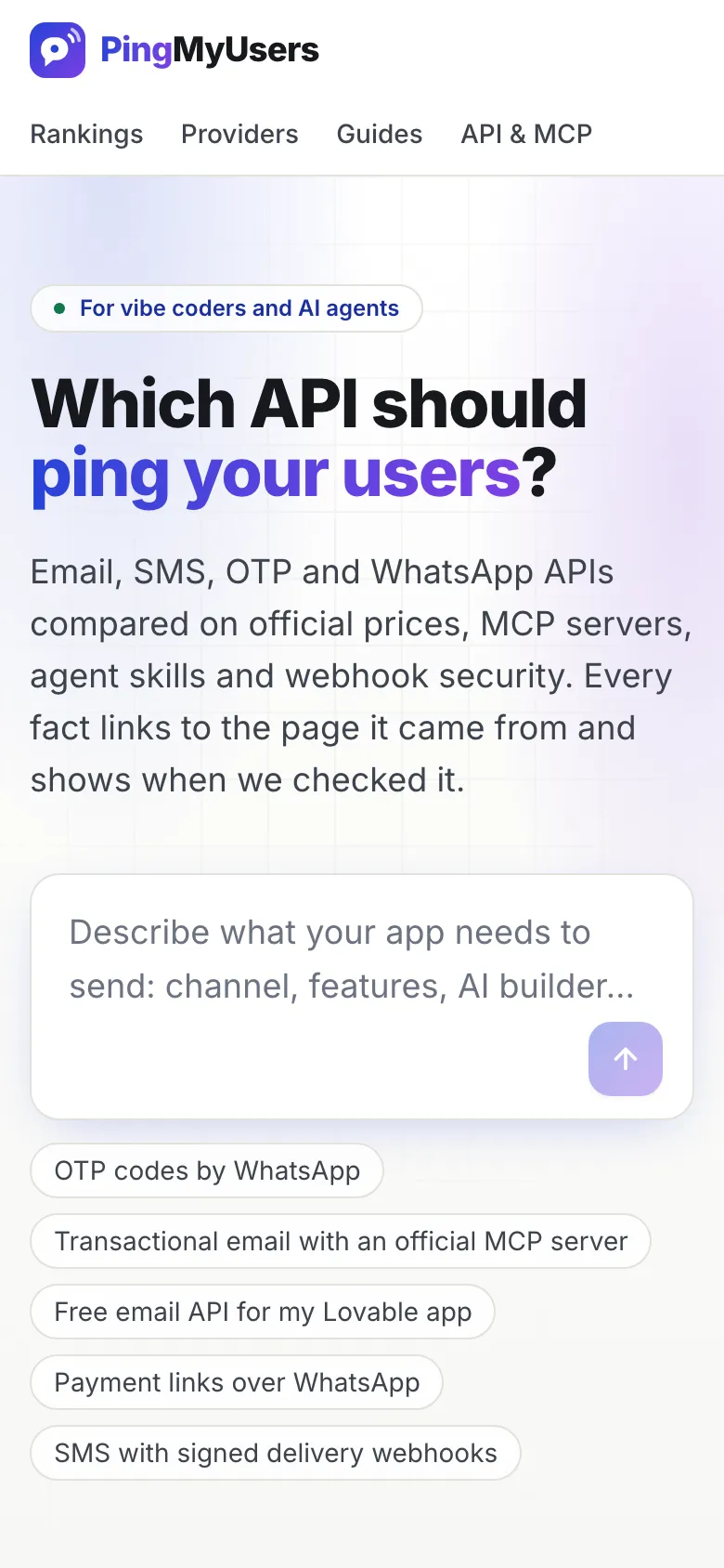 PingMyUsers home page on a phone, with the headline, the search box and example queries such as OTP codes by WhatsApp