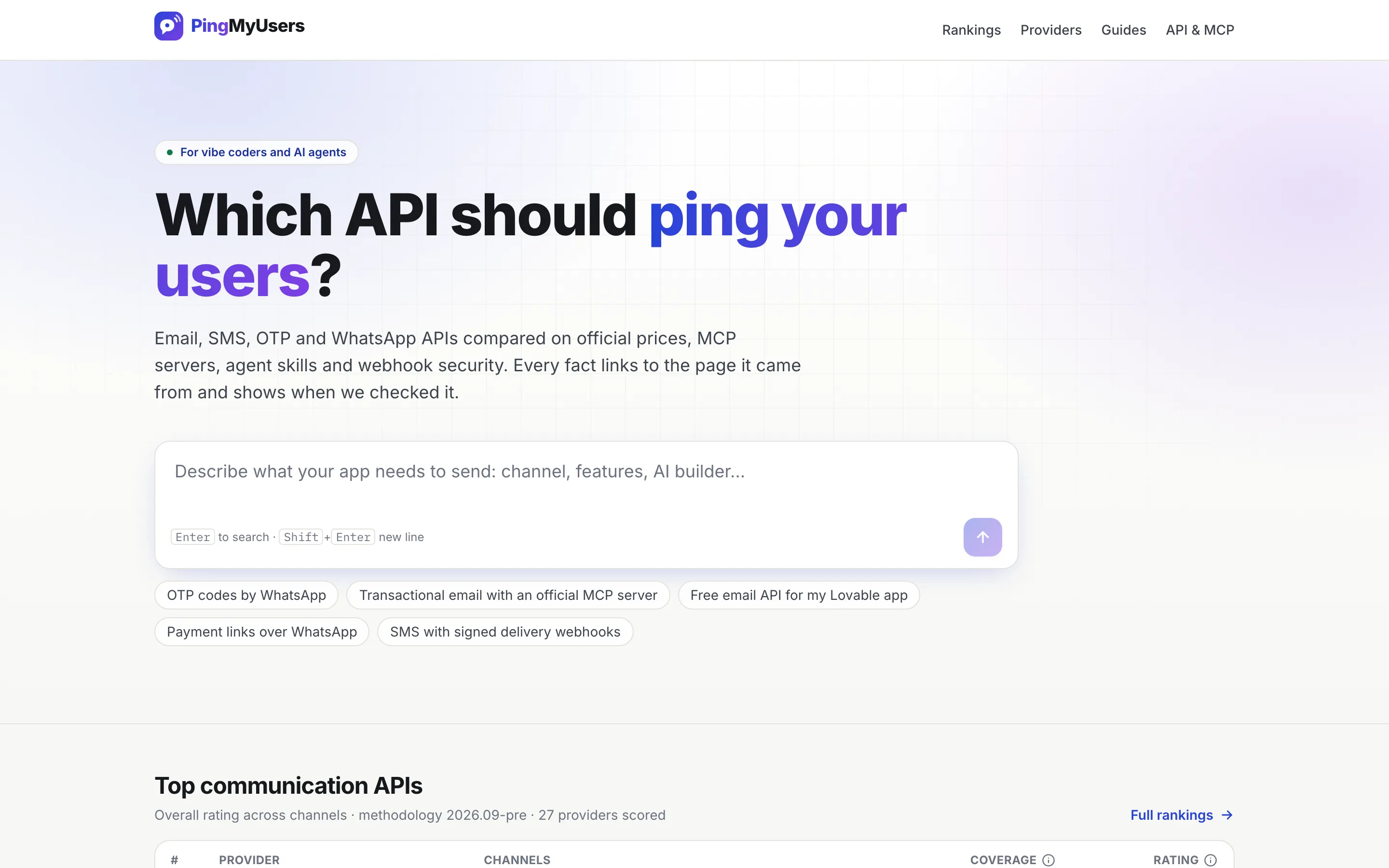PingMyUsers home page with the headline “Which API should ping your users?” and a search box for describing what an app needs to send