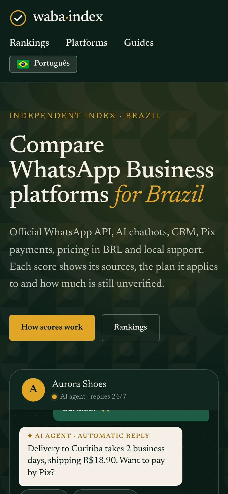 WABA Index home page on a phone, with the headline, the How scores work and Rankings buttons and the start of the chat demo